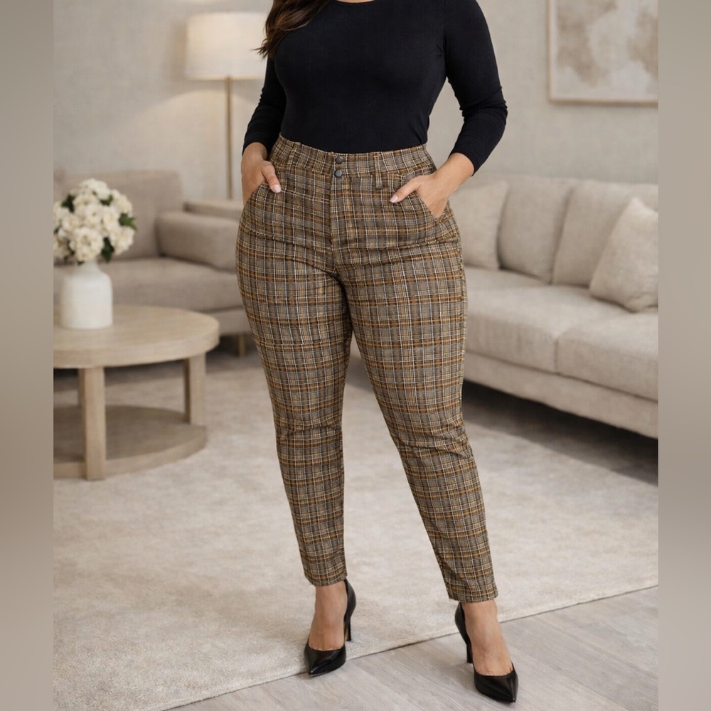 Fire & Fleur Women’s Plaid Skinny Pants High Rise Stretch Brown Size 2XL